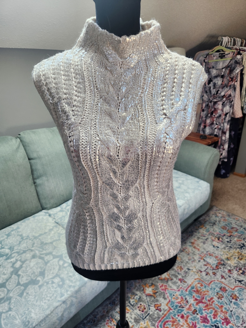 Edit Jason Wu Metallic Silver Cable Knit Sleeveless Turtleneck Sweater Small